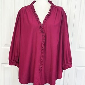 NWT LC Lauren Conrad Mulberry Wine Eyelet Ruffle Trim Blouse 3X